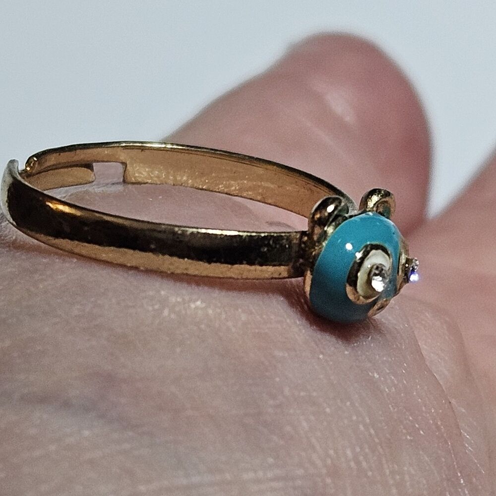 Gold Tone Blue Enamel Bear Face Ring Clear Rhinestone Eyes Adjustable Size 7.25 - Picture 3 of 12